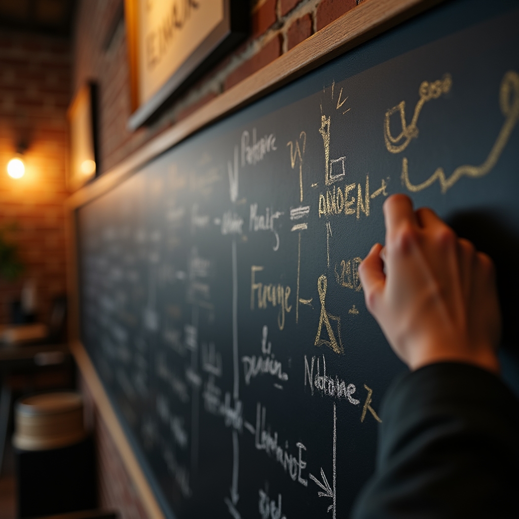 Primo piano di appunti e domande scritte a mano su una lavagna durante un workshop