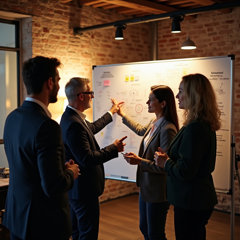 Sessione di workshop interno con team aziendale attorno a una lavagna